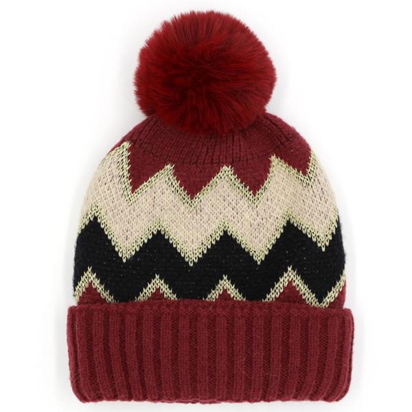 CHEVRON POM POM FUZZY FLEECE BEANIE