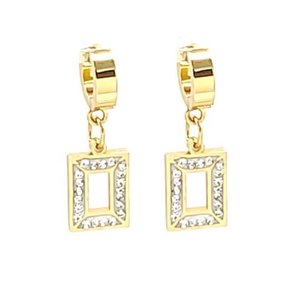 Stainless Steel Pave Cubic Rectangle Charm Huggie Earrings