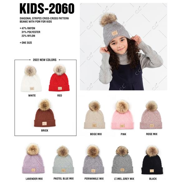 CC KIDS DIAGONAL STRIPES CRISS CROSS PATTERN BEANIE WITH POM FOR KIDS