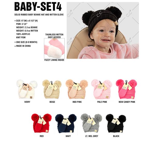 CC SOLID RIBBED BABY BEANIE HAT AND MITTEN GLOVE