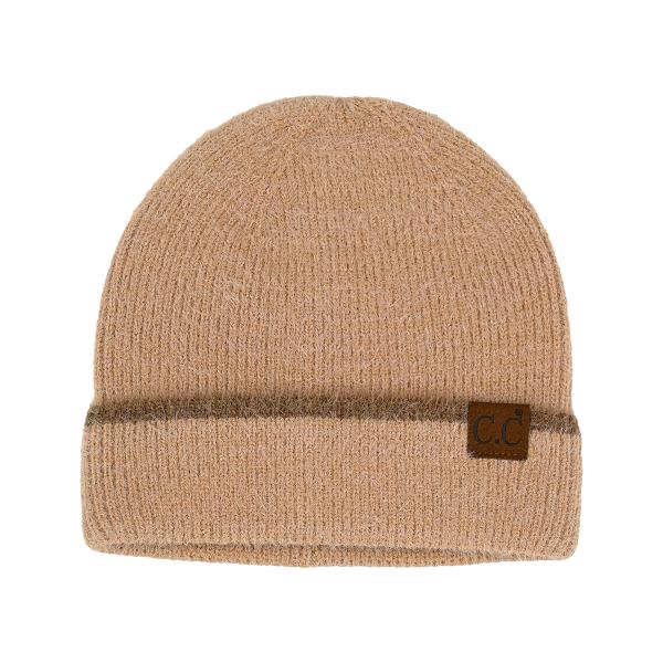 CC FEATHER YARN CUFF BEANIE WITH A STRIPE
