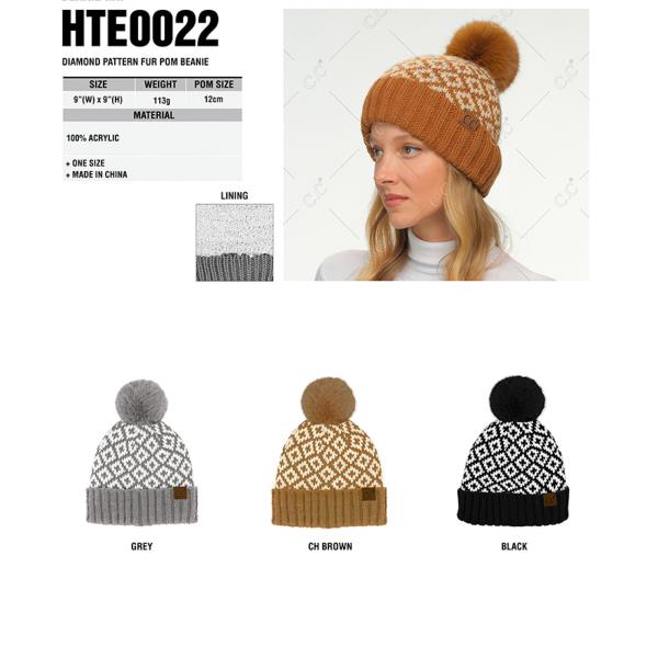 CC DIAMOND PATTERN FUR POM BEANIE