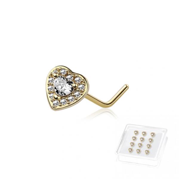 CZ PAVED HEART 316L SURGICAL STEEL L-SHAPE NOSE STUD (12 UNITS)
