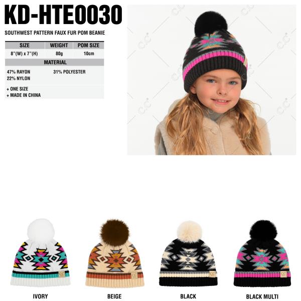 CC SOUTHWEST PATTERN FAUX FUR POM BEANIE