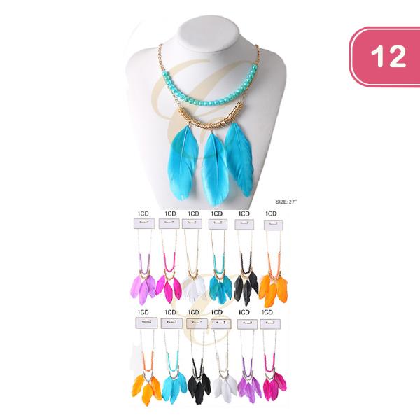 FASHION BEADED DANGLE FEATHER NECKLACE (12UNITS)