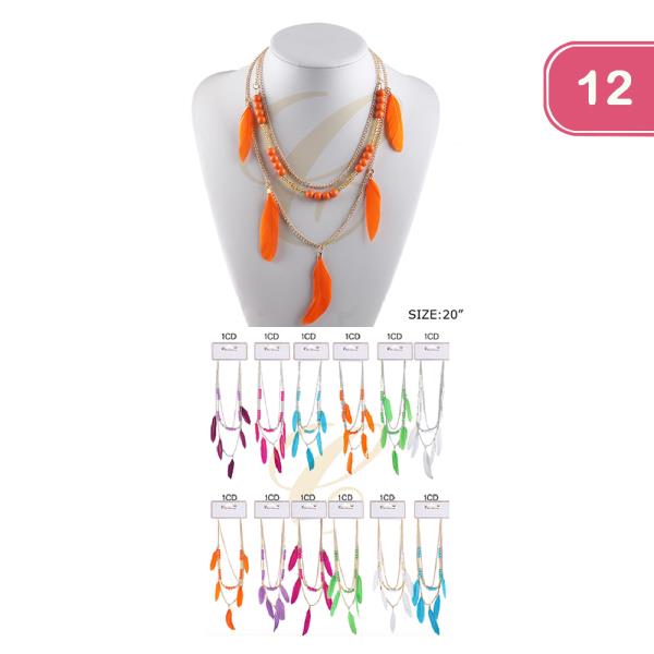 FASHION BEADED LAYERED FEATHE NECKLACE (12UNITS)