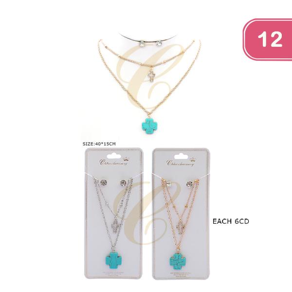 FASHION TWO LAYER STONE CROSS NECKLACE (12UNITS)