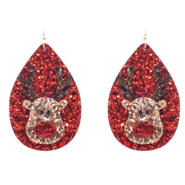 GLITTER CHRISTMAS RUDOLPH DANGLE EARRING
