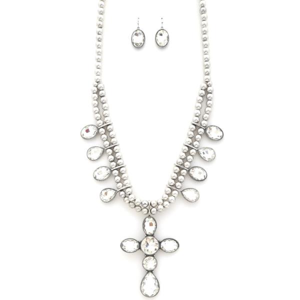 CROSS BEADED RHINESTONE NECKLACE
