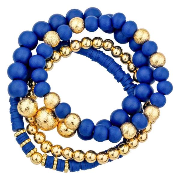 WOOD RUBBER METAL 4-SET STRETCH BRACELET