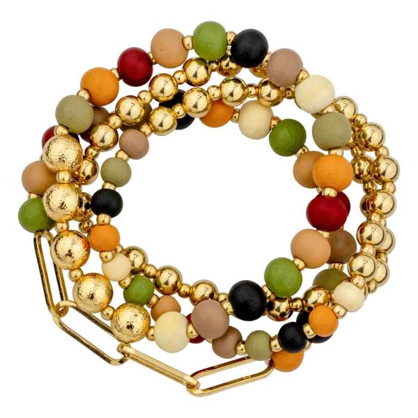 WOOD CHAIN METAL STRETCH BRACELET SET