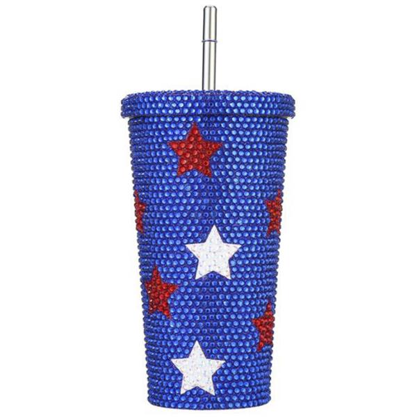 AMERICANA STAR RHINESTONE CRYSTAL BLING TUMBLER CUP WITH STRAW