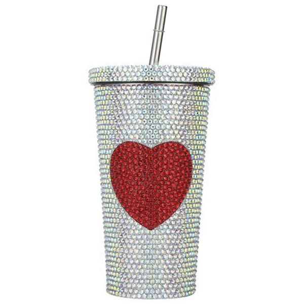 RHINESTONE CRYSTAL BLING RED HEART TUMBLER CUP WITH STRAW