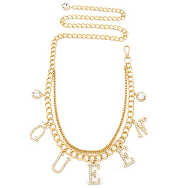 METAL RHINESTONE QUEEN CHARM CHAIN BELT