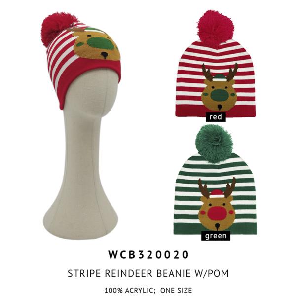 STRIPE REINDEER BEANIE W/POM