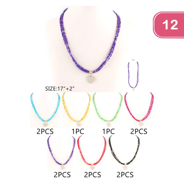 FASHION RHINESTONE HEART BEADED NECKLACE