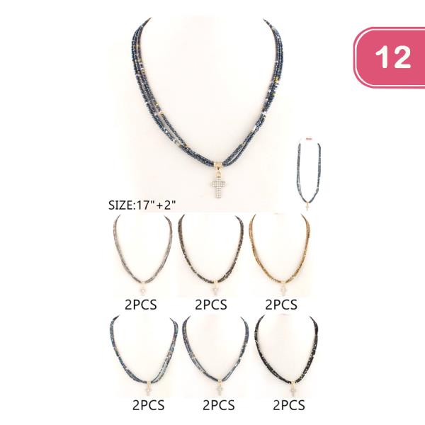 FASHION RHINESTONE CROSS BEAD NECKLACE (12 UNITS)