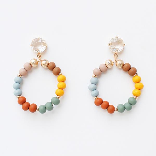 WOOD BALL ROUND STONE DANGLE EARRING
