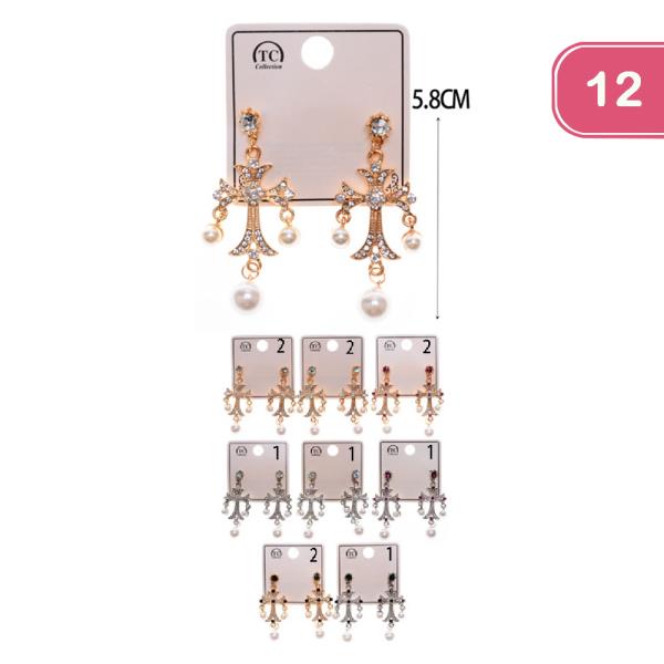 FASHION CROSS RHINESTONE PEARL DANGLE EARRING (12 UNITS)
