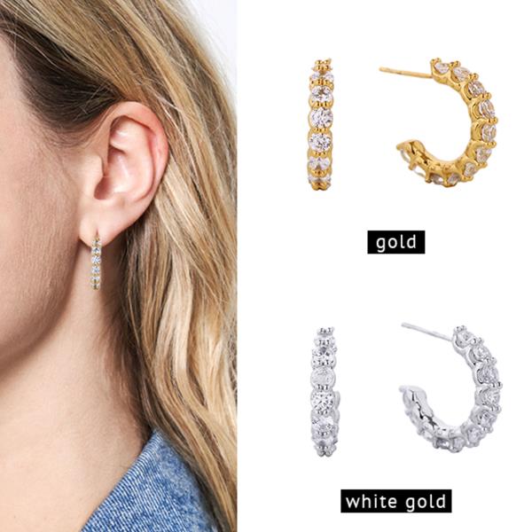 14K GOLD/WHITE GOLD DIPPED POST HOOP CZ PAVED EARRING