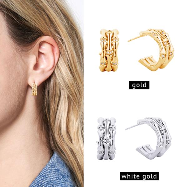 14K GOLD/WHITE GOLD DIPPED POST HOOP CZ PAVED EARRING