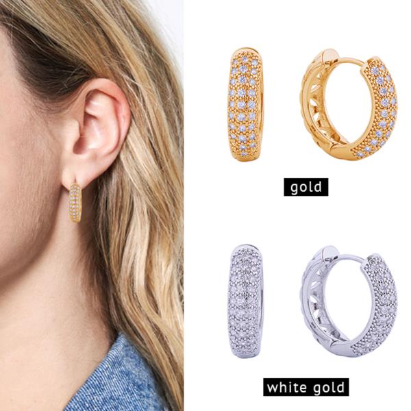 14K GOLD/WHITE GOLD DIPPED HUGGIE HOOP CZ PAVED EARRING