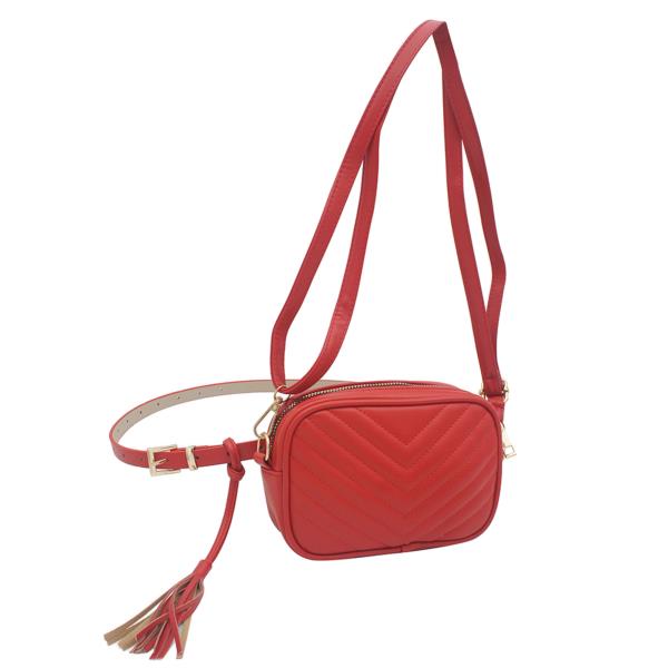 CHEVRON QUILTED BELT BAG WITH TASSEL & CROSSBODY STRAP