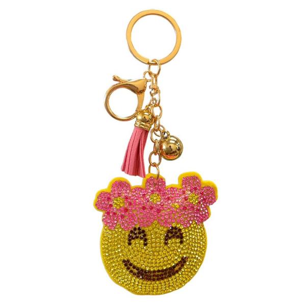 RHINESTONE FLOWER FACE KEYCHAIN WITH TASSEL