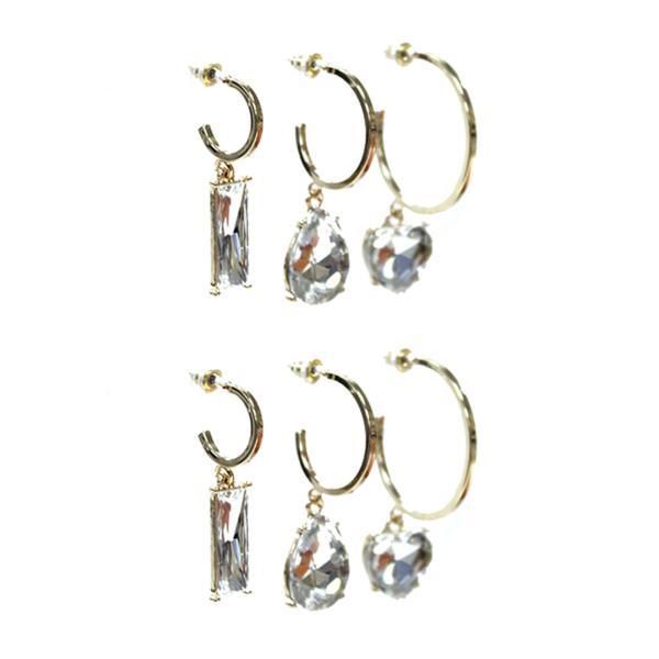 METAL HOOP GEMSTONE DANGLE EARRING 3 PAIR SET