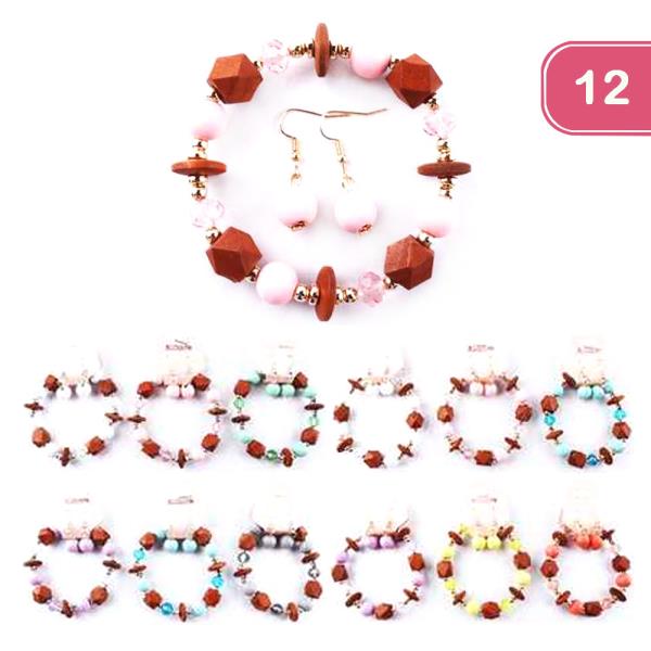 FASHION WOODEN BEAD EARRING BRACELET SET (12 UNITS)