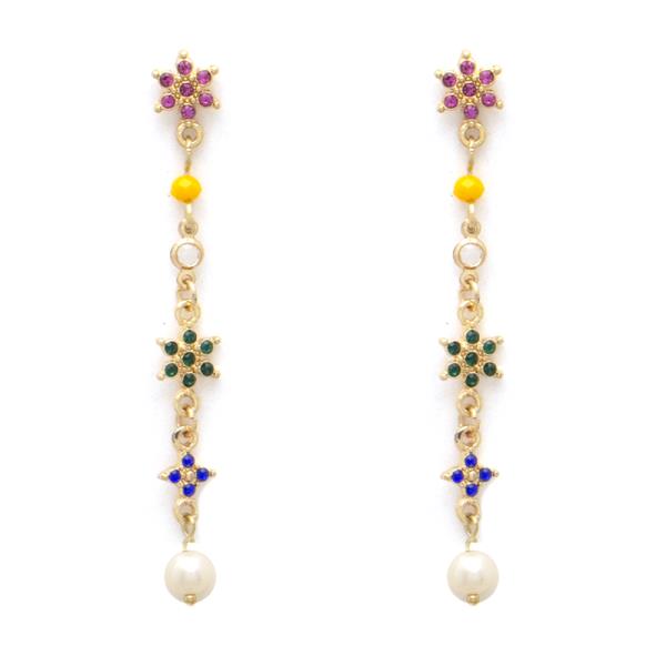 COLOR RHINESTONE FLOWER PEARL DROP EARRING