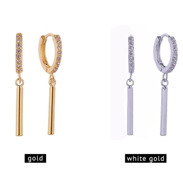 14K GOLD/WHITE GOLD DIPPED DROP BAR PAVE CZ HUGGIE EARRINGS