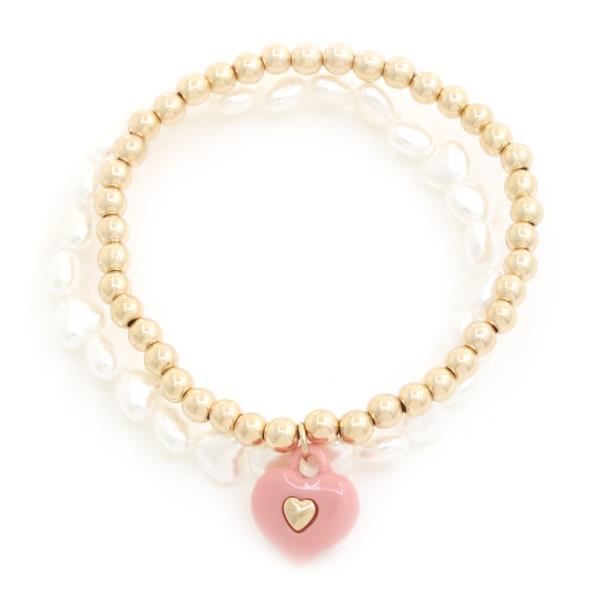 HEART CHARM BEADED BRACELET SET