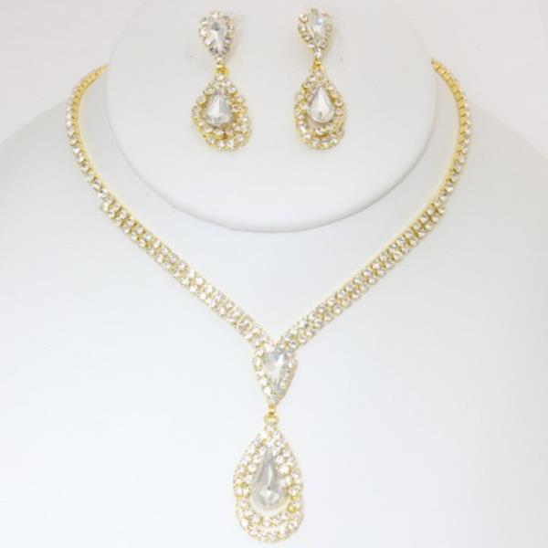 CRYSTAL TEARDROP RHINESTONE NECKLACE EARRING SET