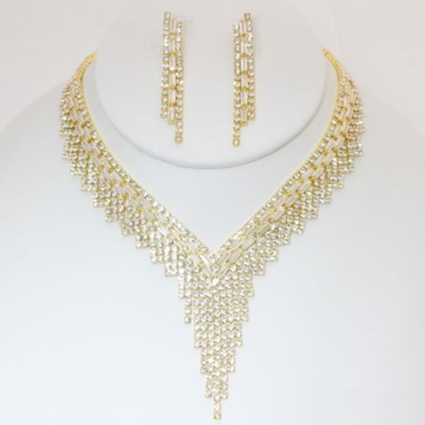 CRYSTAL RHINESTONE FRINGE V NECKLACE EARRING SET