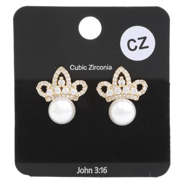 CZ CROWN PEARL BEAD POST EARRING