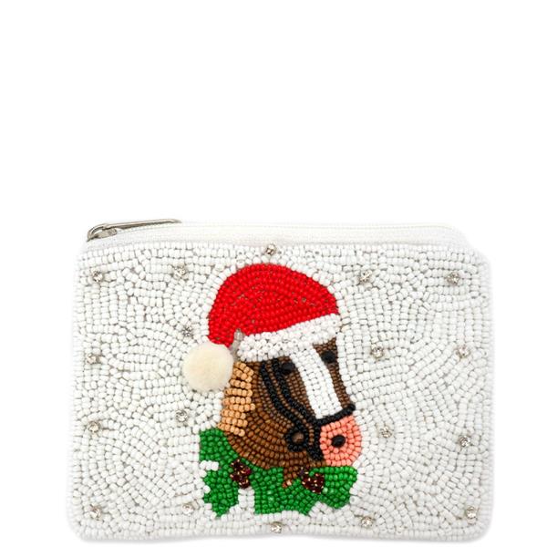 CHRISTMAS SEED BEAD SANTA HORSE COIN PURSE BAG