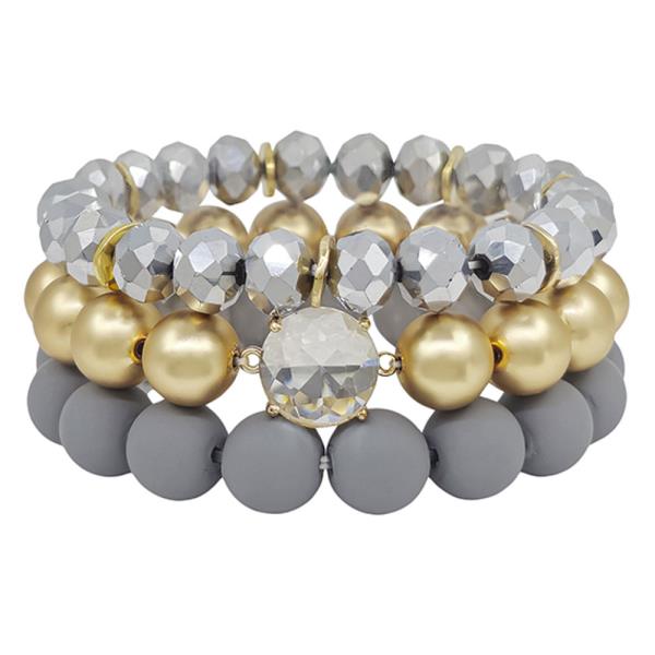 3 SET CLAY & CRYSTAL ACCENT BEADED BRACELET