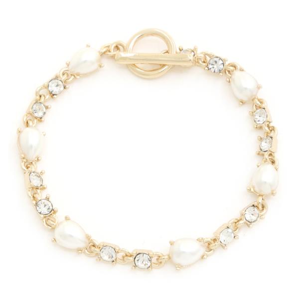 PEARL TEARDROP RHINESTONE TOGGLE CLASP BRACELET
