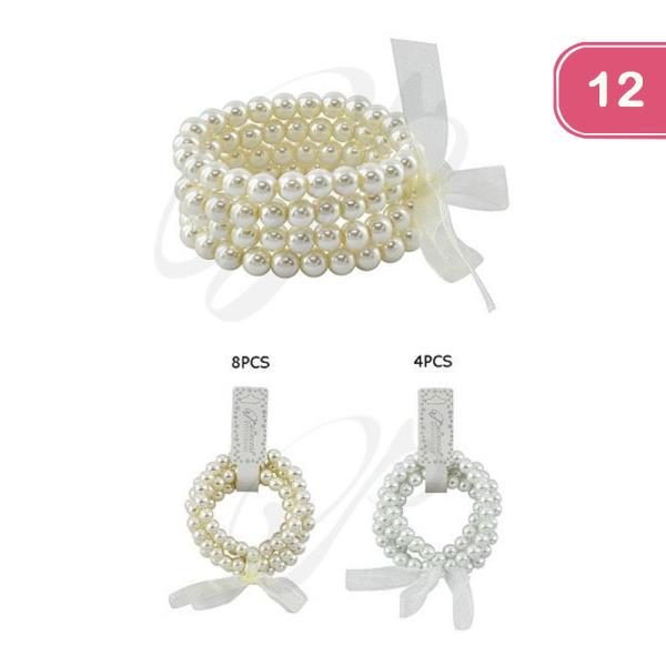 GLASS PEARL ELASTIC BRACELET 4 PC SET (12 UNITS)