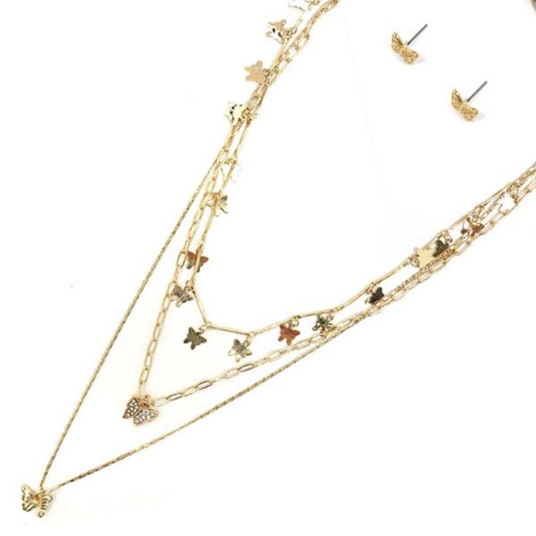 LAYERED BUTTERFLY CHARM  NECKLACE EARRING SET
