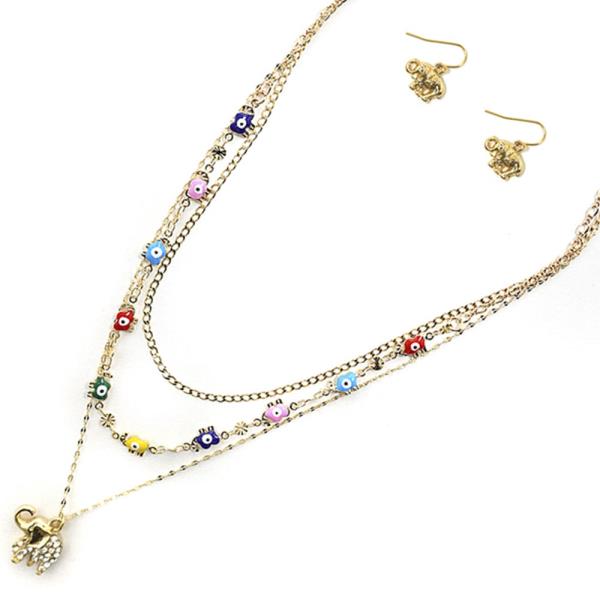 AYERED EVIL EYE W ELEPHANT NECKLACE EARRING SET