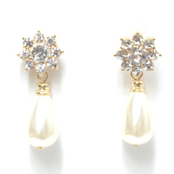 FLOWER RHINESTONE PEARL DANGLE EARRING