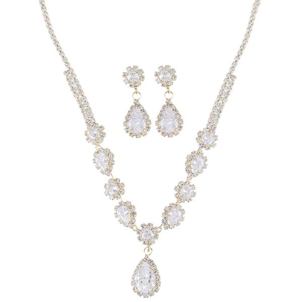 RHINESTONE CZ FLOWER TEARDROP EARRING AND NECKLACE SET