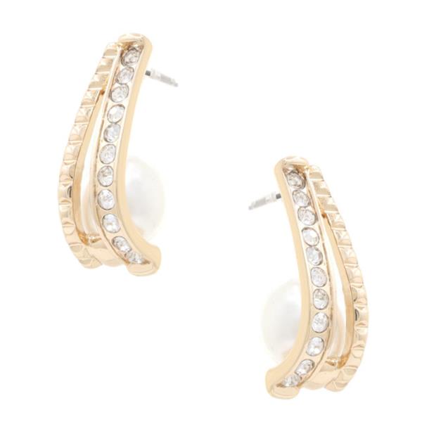 PEARL BEAD RHINESTONE CURVED BAR EARRING