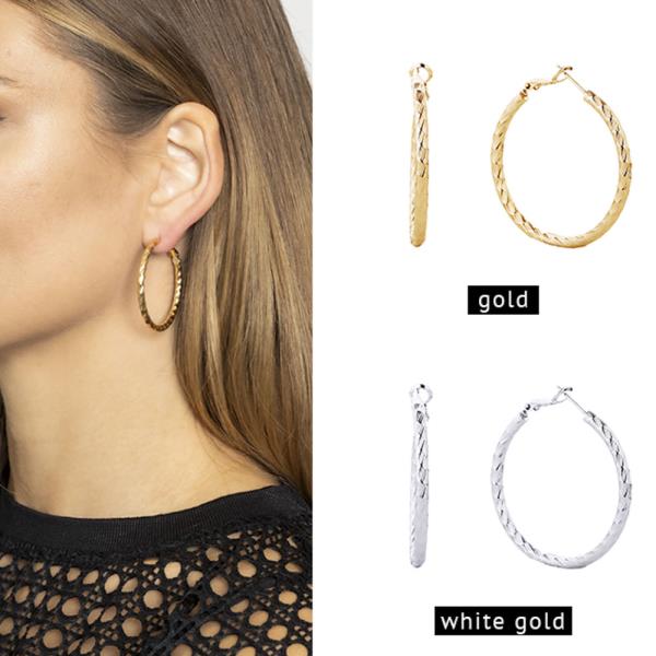 14K GOLD/ WHITE GOLD DIPPED OMEGA CLOSURE TEXTURED HOOP EARRING