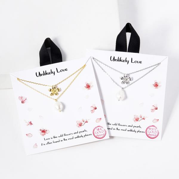 18K GOLD RHODIUM DIPPED UNLIKELY LOVE LAYERED FLOWER PEARL NECKLACE