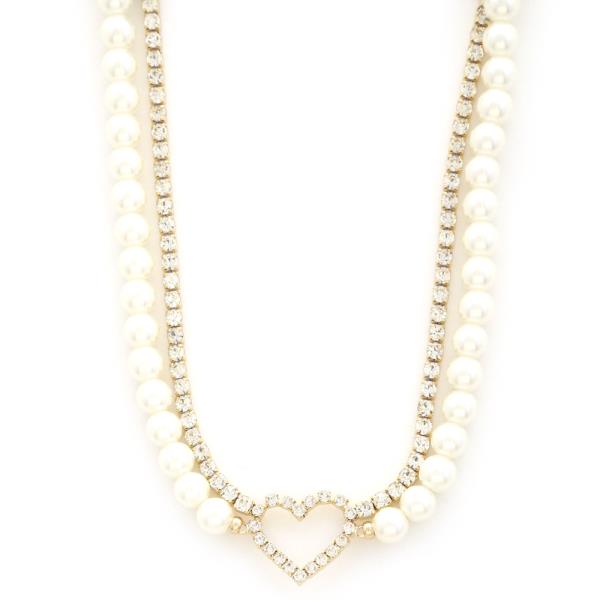 HEART RHINESTONE PEARL BEAD NECKLACE
