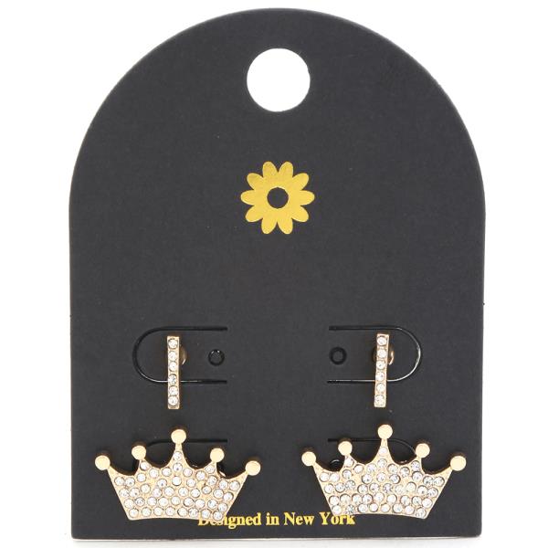 RHINESTONE CROWN BAR 2 PAIR EARRING SET