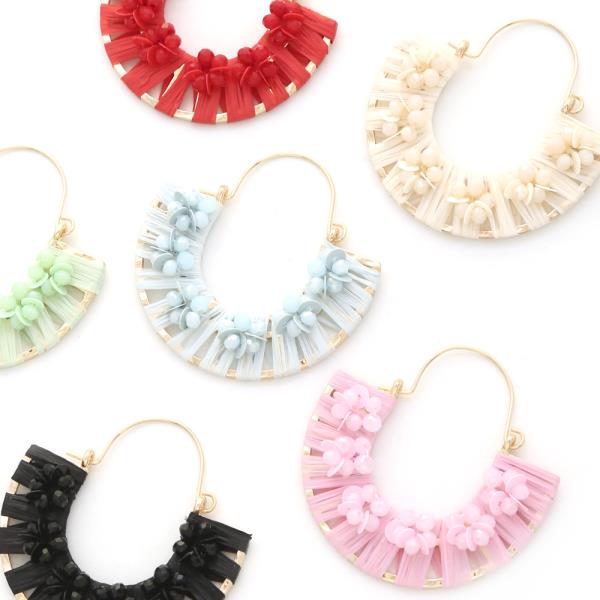FLOWER RAFFIA BEADED U SHAPE EARRING